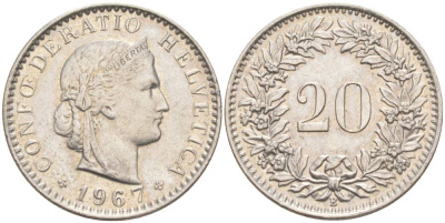 ШВЕЙЦАРИЯ 20 РАППЕНОВ 1967 В KM 29a медно-никель 55-852
