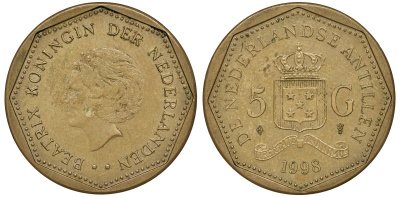 НИДЕРЛАНДСКИЕ АНТИЛЫ 5 ГУЛЬДЕНОВ 1998 KM 43 латунь сталь 72-1451