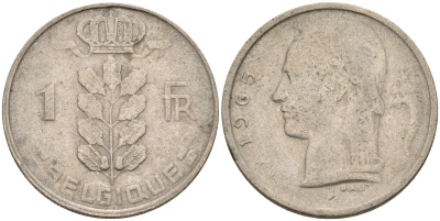 Бельгия 1 франк 1965 BELGIQUE KM 142.1 медно-никель 4592-523
