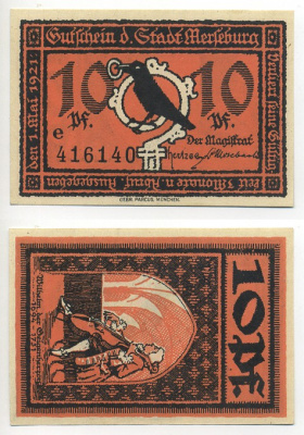 МЕРЗЕБУРГ 10 ПФЕННИГОВ 1921 НОТГЕЛЬД, 1 МАЯ 1921, ЗЕМЛЯ САКСОНИЯ-АНХАЛЬТ, БУКВА Е Grabowski 884.2a бумага 7217-53-7