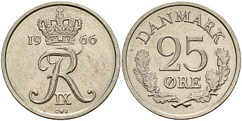 Дания 25 эре 1966 C; S, Фредерик IX (1947-1972) KM 850 медно-никель UNC 4601-851