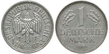 ФРГ 1 МАРКА 1961 J J 385, KM 110 медно-никель 72-716