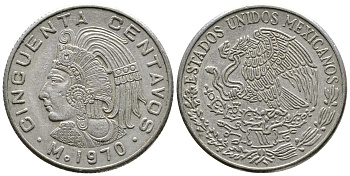 МЕКСИКА 50 СЕНТАВО 1970 ПЕРВЫЙ ГОД KM 452 медно-никель 59-1523