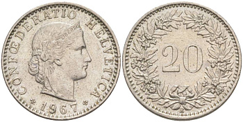 ШВЕЙЦАРИЯ 20 РАППЕНОВ 1967 В KM 29a медно-никель 55-851