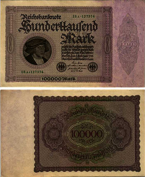 ГЕРМАНИЯ 100000 МАРОК 1923 1 ФЕВРАЛЯ 1923, БЕЗ Т ПОД ПОРТРЕТОМ Pick 83a бумага аUNC 7183-19-2