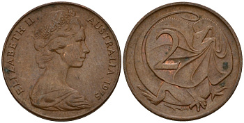 Австралия 2 цента 1975 Елизавета II (1953-), молодой портрерт, плащеносная ящерица KM 63 бронза 4601-746