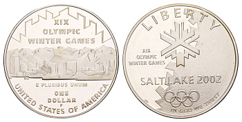 США 1 доллар 2002 P, XIX зимние Олимпийские Игры, Солт-Лейк-Сити 2002, в оригинальной коробке KM 336 серебро PROOF 3-6-2-06