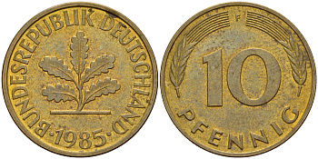 ФРГ 10 пфеннигов 1985 F J. 383, KM 108 сталь плакированная латунью    4603-536