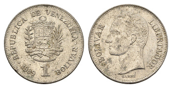 Венесуэла 1 боливар 1989 Симон Боливар, тонкий шрифт Y 52a.1 сталь плакированная никелем 4662-846