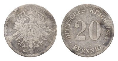 Германия 20 пфеннигов 1874 D KM 5 серебро 4655-466