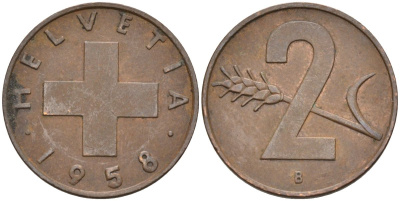 Швейцария 2 раппена 1958 В KM 47 бронза 4591-1223