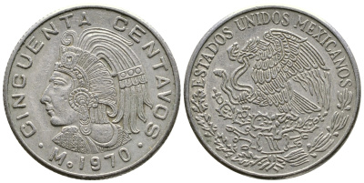 МЕКСИКА 50 СЕНТАВО 1970 ПЕРВЫЙ ГОД KM 452 медно-никель 59-1523