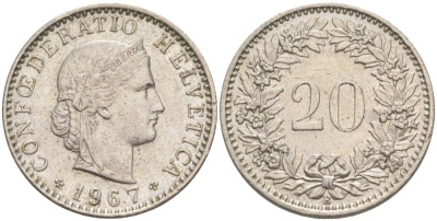 ШВЕЙЦАРИЯ 20 РАППЕНОВ 1967 В KM 29a медно-никель 55-851