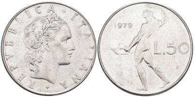 Италия 50 лир 1979 R, Бог огня Вулкан у наковальни KM 95.1 нержавеющая сталь 4525-1045