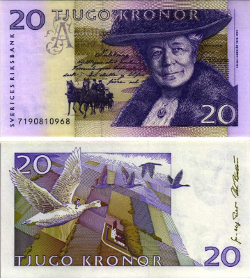 ШВЕЦИЯ 20 КРОН 1997 ПОДПИСЬ URBAN BACKSTROM, СЕЛЬМА ЛАГЕРЛЕФ Pick 63a бумага UNC (ПРЕСС) 8615-41-2-2