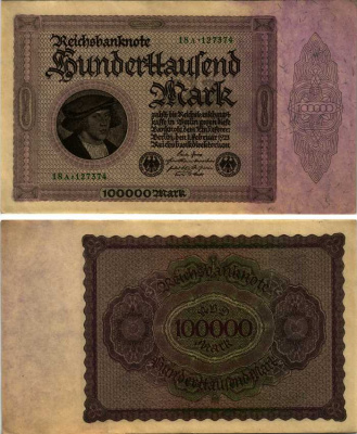 ГЕРМАНИЯ 100000 МАРОК 1923 1 ФЕВРАЛЯ 1923, БЕЗ Т ПОД ПОРТРЕТОМ Pick 83a бумага аUNC 7183-19-2