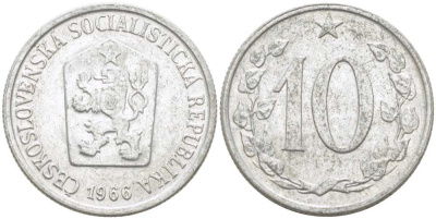 ЧЕХОСЛОВАКИЯ 10 ГЕЛЛЕРОВ 1966 СОЦИАЛИСТИЧЕСКАЯ РЕСПУБЛИКА KM 49.1 алюминий 77-1027