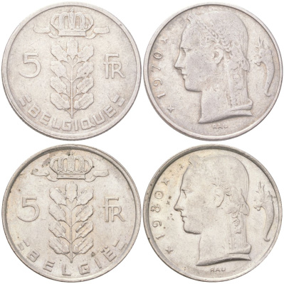 Бельгия набор из 2 монет разных типажей (5 франков) 1970 и 1980 Belgique и Belgie, Бодуэн I (1951-1993) KM 134 и 135 медно-никель 4143-513-514