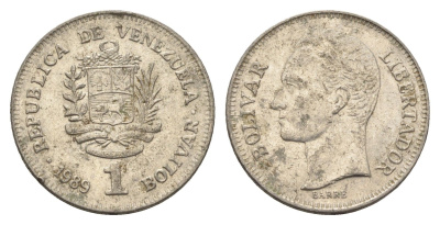 Венесуэла 1 боливар 1989 Симон Боливар, тонкий шрифт Y 52a.1 сталь плакированная никелем 4662-846