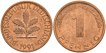 ФРГ 1 пфенниг 1991 A KM 105, J. 380 сталь плакированная медью    4598-663
