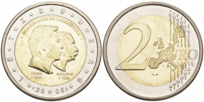 Люксембург 2 евро 2005 50-лет правящему монарху Анри Нассау, 100-летие со дня смерти герцога Люксембургского Адольфа KM 87 биметалл UNC M10-12