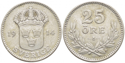 Швеция 25 эре 1914 W, Густав V (1907-1950) KM 785 серебро 112-1139
