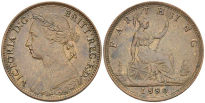 Великобритания 1 фартинг 1890 Виктория (1837-1901) KM 753, Spink 3958 бронза 441-425