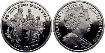 Остров Вознесения 1 крона 2014 в память героев первой мировой войны, допрос KM NEW серебро PROOF 1071-3-51