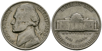 США 5 центов 1960 Джефферсон KM A192 медно-никель 4135-442