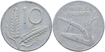 ИТАЛИЯ 10 ЛИР 1952 R, ПЛУГ KM 93 алюминий 4391-1146