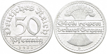 ГЕРМАНИЯ 50 ПФЕННИГОВ 1921 D KM 27, J. 301 алюминий 77-536