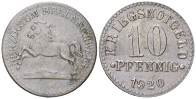 Брауншвейг 10 пфеннигов 1920 Funck 56.5, Men05 3454.11, Men18 4388.11 железо 80-815
