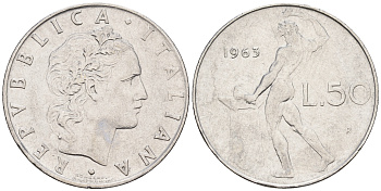 Италия 50 лир 1963 R, бог огня Вулкан у наковальни KM 95.1 нержавеющая сталь 259-132