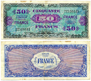 ФРАНЦИЯ 50 ФРАНКОВ 1944 Pick 122a бумага 6299-1-1