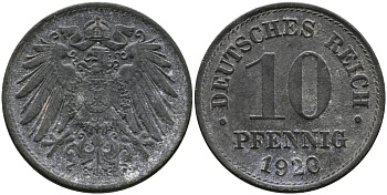 ГЕРМАНИЯ 10 ПФЕННИГОВ 1920 KM 26, J. 299 цинк 33-326