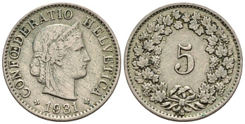 Швейцария 5 раппенов 1931 В KM 26 медно-никель 4576-923
