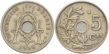 БЕЛЬГИЯ 5 САНТИМОВ 1930 BELGIE, ЗВЕЗДА НАД "5" KM 94 медно-никель 4546-123