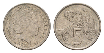 Новая Зеландия 5 центов 2002 Елизавета II (1952-2022), ящерица гаттерия KM 116 медно-никель 4588-441
