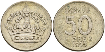 Швеция 50 эре 1955 TS, Густав VI Адольф (1950-1973) KM 825 серебро 4364-3241