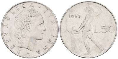 Италия 50 лир 1963 R, бог огня Вулкан у наковальни KM 95.1 нержавеющая сталь 259-132