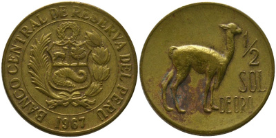 Перу 1/2 соль 1967 лама KM 247, Schon 52 латунь 4539-245