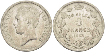 БЕЛЬГИЯ 5 ФРАНКОВ 1933 АЛЬБЕРТ I, DES BELGES KM 97.1 никель 3851-245