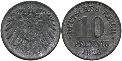 ГЕРМАНИЯ 10 ПФЕННИГОВ 1920 KM 26, J. 299 цинк 33-326
