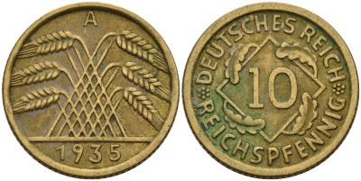 ГЕРМАНИЯ 10 РЕЙХСПФЕННИГОВ 1935 A, KM 40, J. 317 алюминиевая бронза 75-214