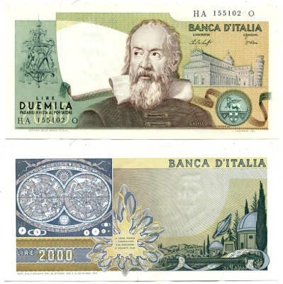 Италия 2000 лир 1973 Галилео, Пизанская башня Pick 103b бумага 7551-44-4-2