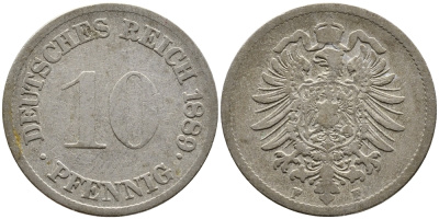 Германия 10 пфеннигов 1889 F, старогарбовка KM 4, Jager 4, Weege 7 медно-никель 85-534