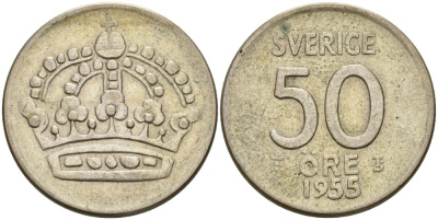 Швеция 50 эре 1955 TS, Густав VI Адольф (1950-1973) KM 825 серебро 4364-3241