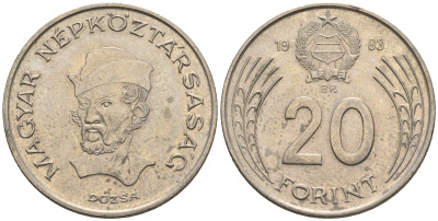 Венгрия 20 форинтов 1983 Дьёрдь Дожа KM 630 медно-никель 85-252