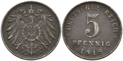 Германия 5 пфеннигов 1918 A J.297  KM 19 железо    4598-1153