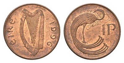 Ирландия 1 евроцент 1996 мифологическая птица лира KM 20a сталь плакированная медью 188-642